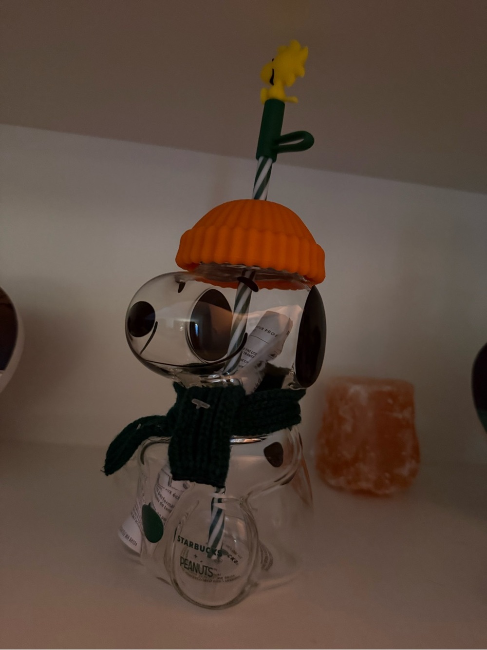 Peanuts Snoopy Glass Ornament in Orange Hat and Dark Green Scarf